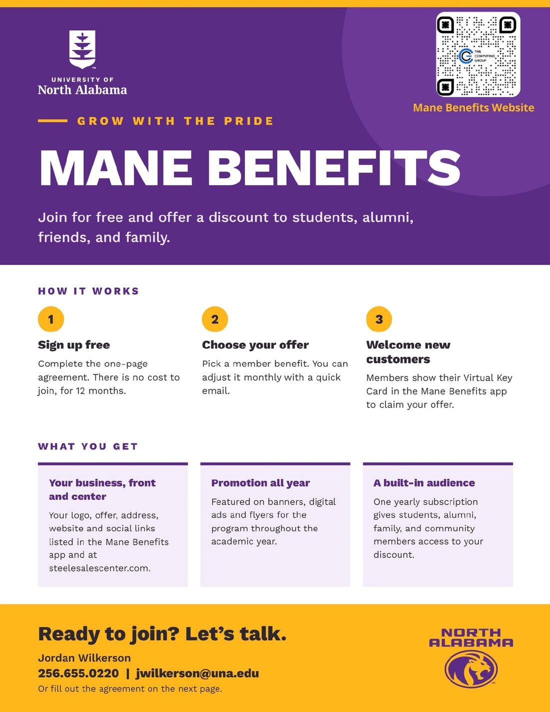 Mane Benefits 2026 merchant flyer. Join for free and offer a discount to students, alumni, friends, and family.
